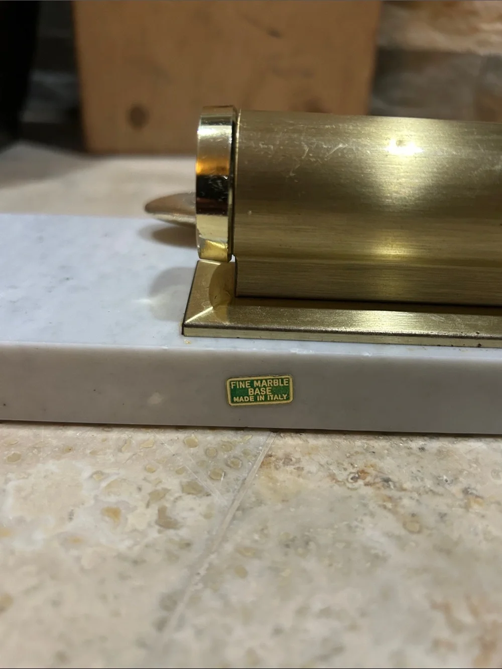Vintage Brass Desk Perpetual Calendar with Marble Base and Shovel Accent